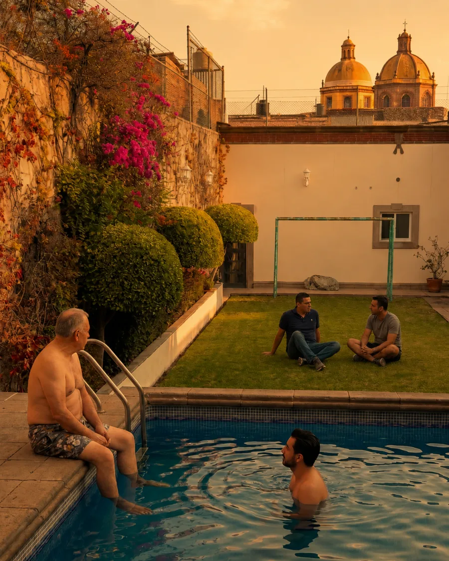 Paciente y acompañantes conversando junto a la alberca en Clínica Raíz
